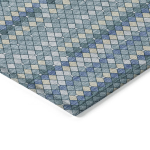 3' X 5' Denim Blue And Teal Blue Geometric Washable Indoor Outdoor Area Rug