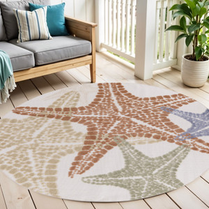 5' Ivory Yellow Orange And Green Round Starfish Indoor Outdoor Area Rug