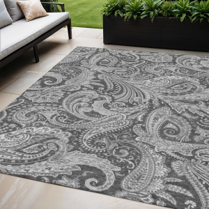 5' X 8' Gray Charcoal And Ivory Paisley Washable Indoor Outdoor Area Rug - 608219308599