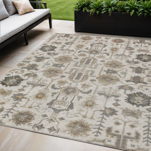 5' X 8' Ivory Beige And Taupe Oriental Washable Indoor Outdoor Area Rug