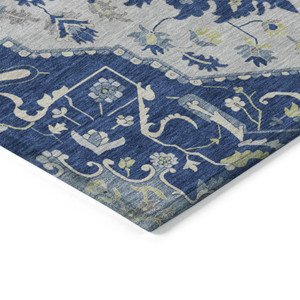 3' X 5' Navy Blue Ivory And Gray Oriental Washable Indoor Outdoor Area Rug