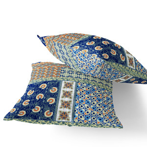 Set of Two 16" X 16" Blue and Orange Blown Seam Floral Indoor Outdoor Throw Pillow - 606114813576