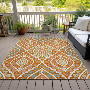 3' X 5' Orange Peach And Ivory Floral Washable Indoor Outdoor Area Rug