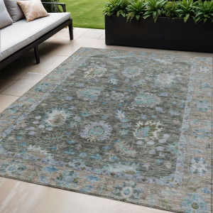 5' X 8' Fern Green And Denim Blue Floral Washable Indoor Outdoor Area Rug