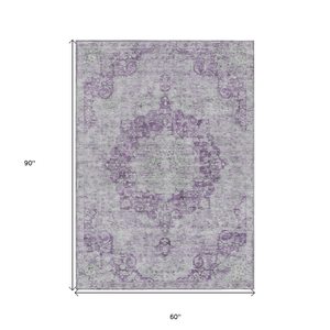 5' X 8' Purple Floral Medallion Washable Indoor Outdoor Area Rug