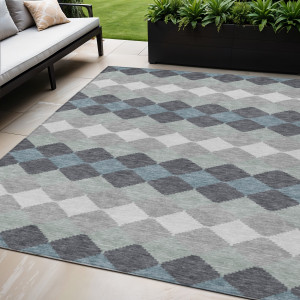 5' X 8' Gray Black And Green Geometric Washable Indoor Outdoor Area Rug