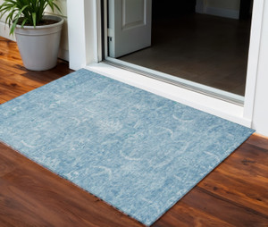 3' X 5' Sky Blue And Ivory Damask Washable Indoor Outdoor Area Rug
