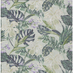 5' X 8' Artichoke Green Lavender And Ivory Botanical Leaves Washable Indoor Outdoor Area Rug