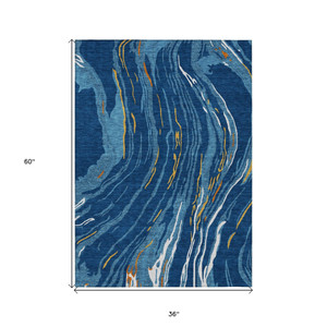 3' X 5' Navy Blue Gold And Copper Abstract Washable Indoor Outdoor Area Rug