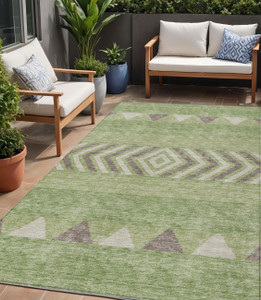 5' X 8' Green Taupe And Ivory Southwestern Washable Indoor Outdoor Area Rug