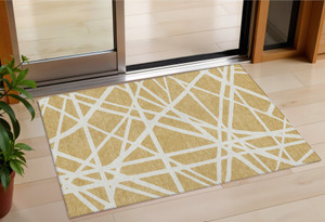 3' X 5' Gold And Ivory Geometric Washable Indoor Outdoor Area Rug - 608219073404