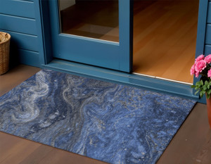 3' X 5' Blue Denim Blue And Sky Blue Abstract Washable Indoor Outdoor Area Rug - 608219002565