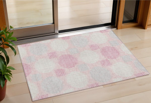 3' X 5' Pink Gray And Ivory Geometric Washable Indoor Outdoor Area Rug