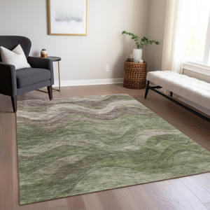 3' X 5' Green And Taupe Abstract Washable Indoor Outdoor Area Rug - Green, Taupe