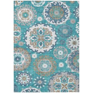 5' X 8' Teal Blue Taupe And Gray Floral Medallion Washable Indoor Outdoor Area Rug