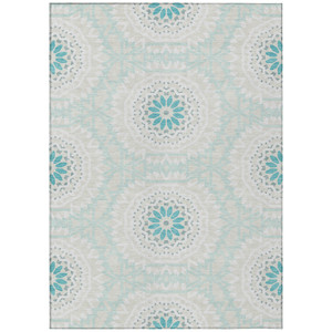 3' X 5' Teal Blue Beige And Ivory Floral Medallion Washable Indoor Outdoor Area Rug