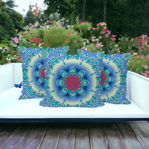 Set of Three Blue and Green Abstract Indoor Outdoor Throw Pillow