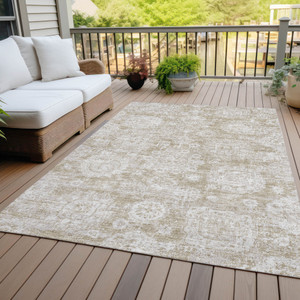 3' X 5' Beige Tan And Gray Floral Washable Indoor Outdoor Area Rug