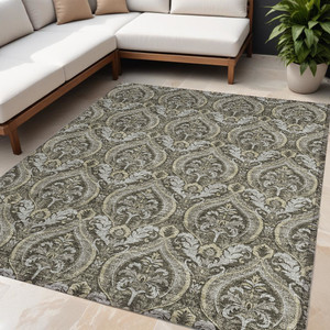 5' X 8' Taupe And Beige Damask Washable Indoor Outdoor Area Rug