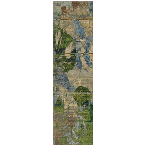8' Runner Taupe Blue and Green Floral Washable Non Skid Indoor Outdoor Runner Rug