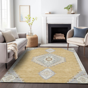 3' X 5' Gold Gray And Ivory Oriental Washable Indoor Outdoor Area Rug