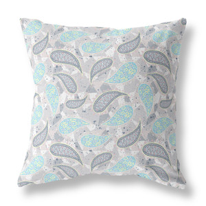 20” Gray Turquoise Boho Paisley Indoor Outdoor Throw Pillow