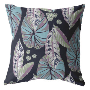 26” Blue Purple Tropical Leaf Indoor Outdoor Throw Pillow