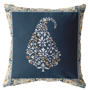 26” Orange Navy Paisley Indoor Outdoor Throw Pillow