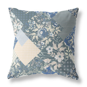 16" Gray Blue Boho Floral Indoor Outdoor Throw Pillow - 606114022213