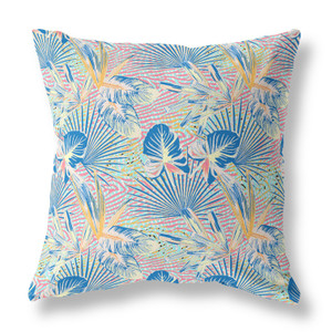 20” Blue Pink Tropical Indoor Outdoor Throw Pillow