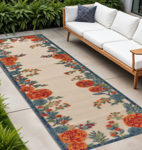 8' Ivory Orange Blue And Green Floral Indoor Outdoor Runner Rug