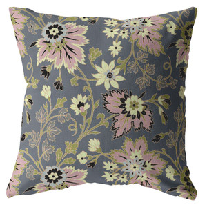 20” Gray Pink Jacobean Indoor Outdoor Throw Pillow