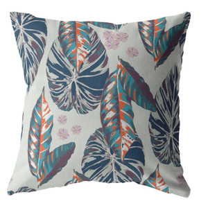 26” Blue Gray Tropical Leaf Indoor Outdoor Throw Pillow