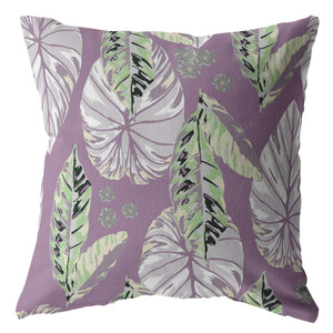 20” White Purple Tropical Leaf Indoor Outdoor Throw Pillow