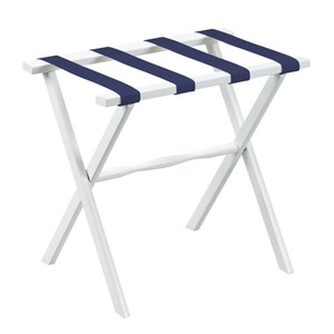 Hotel White Finish Wood Folding Luggage Rack with Navy Straps - 4512822739137