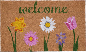 17" X 29" Natural Pink and Green Coir Floral Welcome Outdoor Door Mat - 608219002053