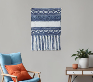 26" X 51" Denim Blue And White Geometric Cotton Macrame Hanging Tapestry - 606114958215
