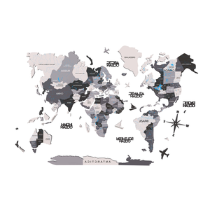47" X 79" Black Gray and White Wood World Map Hanging Dimensional Sculpture