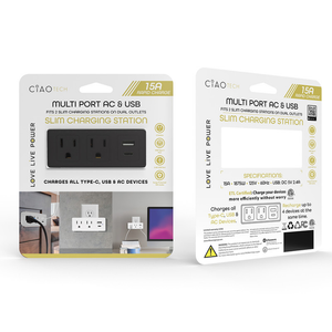 Slim Multiport Charging Station 2 Outlets + 1 USB + 1 Type C w/ Surge Protection