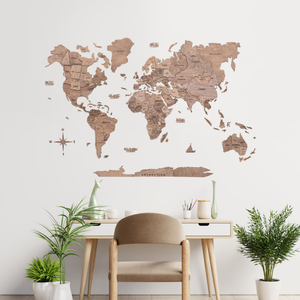 35" X 59" Wood Brown Wood World Map Hanging Dimensional Sculpture