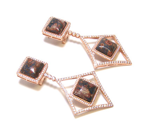 Red Jasper Diamond Shape Dangle Earrings, 925 Sterling Silver Rose Gold