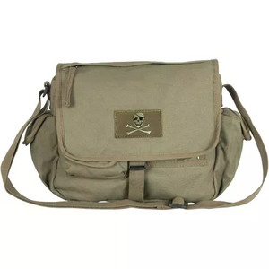 Retro Messenger Bag With Skull Emblem - Olive Drab