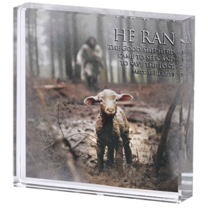 Tabletop Glass Plaque Lamb He Ran 3x3
