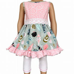 AnnLoren Girls Seashells & Swirls Dress & White Capri Leggings Boutique Set