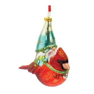 Glass Gnome and Cardinal Bird Ornament 