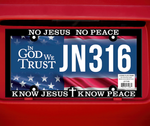 License Plate Frame No Jesus No Peace