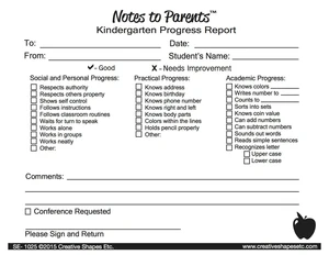 Kindergarten Progress Reports - Notes to Parents
