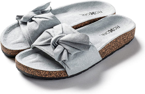 Roxoni Women Comfort Sandals Ribbon Bow Top EVA Flat Slides Footbed Suede with Arch Support Non-Slip