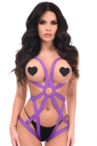 BOXED Purple Stretchy Body Harness Bodysuit with Silver Hardware