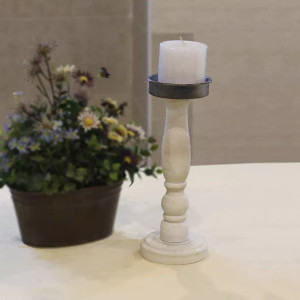 White Distressed Carved Wooden Pillar Candle Holder for Table Mantle